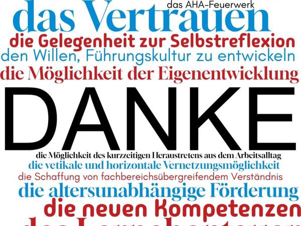 Wortwolke mit dem zentralen Wort 'DANKE' und weiteren Begriffen zu Vertrauen, Selbstreflexion, Eigenentwicklung und Kompetenzen in verschiedenen Farben.