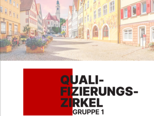 Rote quadratische Fläche links, rechts daneben schwarzer Text 'QUALIFIZIERUNGSZIRKEL GRUPPE 1' in Großbuchstaben.