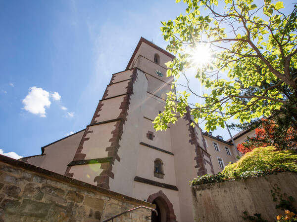 Das Bild zeigt eine Kirche. Die Sonne scheint durch einen Baum durch.