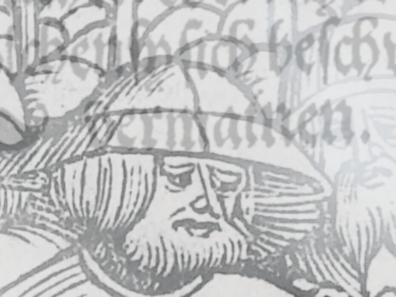 Historische Illustration mit zwei Männern in mittelalterlicher Kleidung und Hüten, hinterlegt mit altem Text in gotischer Schrift.