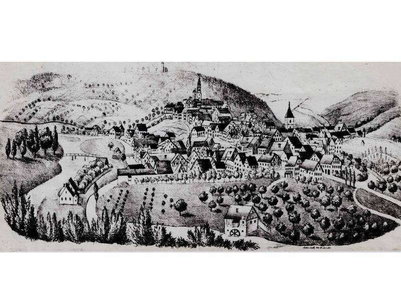 Die historische Zeichnung zeigt eine Stadtansicht mit dicht gedrängten Häusern, Kirchtürmen und umliegenden Hügeln sowie Feldern, die von einem Fluss durchquert werden.