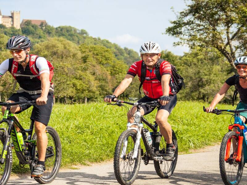 Drei Personen fahren auf einem Pfad durch eine grüne Landschaft mit Bäumen und Hügeln im Hintergrund Fahrrad.