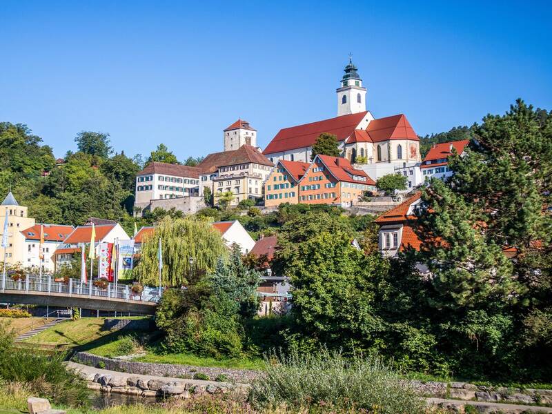Horb am Neckar mit bunten Gebäuden und einer Kirche auf einem Hügel, umgeben von grüner Landschaft.