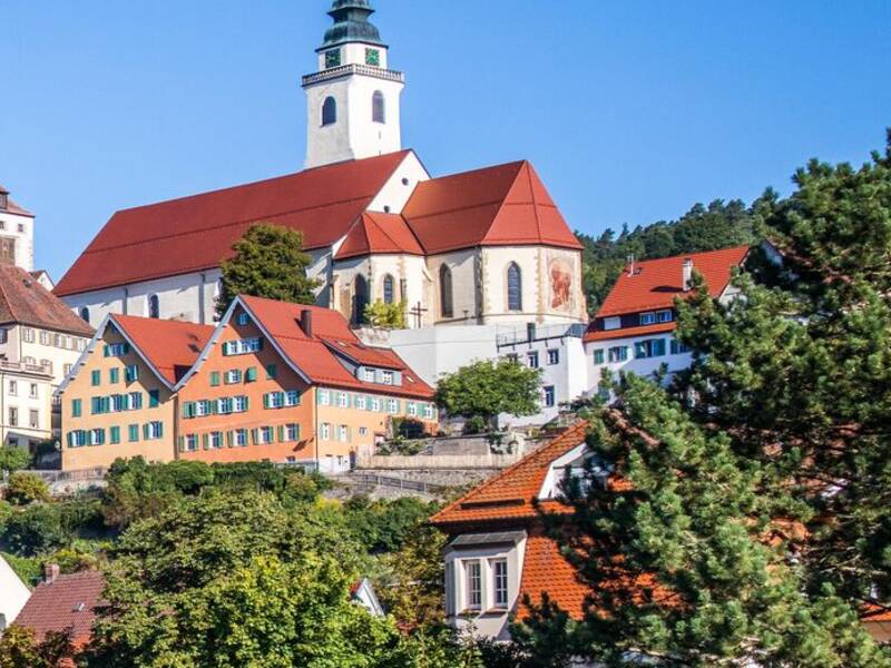 Horb am Neckar mit bunten Gebäuden und einer Kirche auf einem Hügel, umgeben von grüner Landschaft.