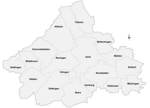 Karte mit den Stadtteilen Altheim, Talheim, Bildechingen, Mühlen, Ahlldorf, Mühringen, Dettensee, Betra, Isenburg, Dettingen, Ihlingen, Rexingen, Grünmettstetten, Bittelbronn, Dettlingen, Dießen, Nordstetten und Horb.