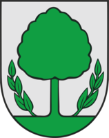 Ein grüner Baum mit Blättern an den Seiten auf einem grauen Schild.