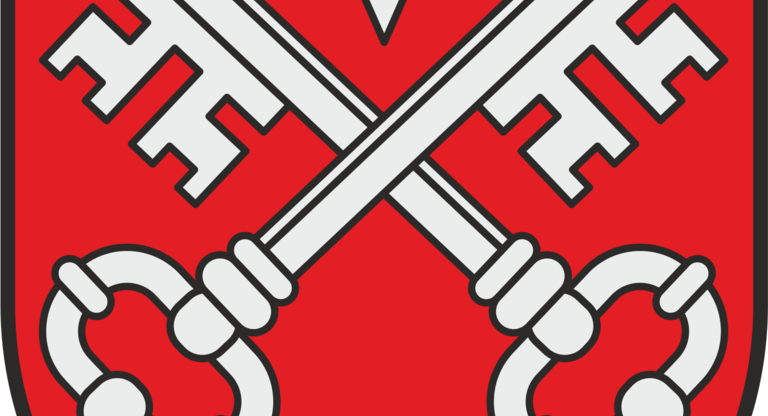 Ein rotes Wappen zeigt zwei gekreuzte silberne Schlüssel unter einem silbernen Stern.