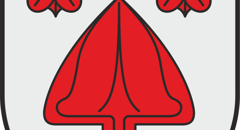 Ein Wappen zeigt zwei rote Rosen und ein rotes Blatt auf weißem Hintergrund.
