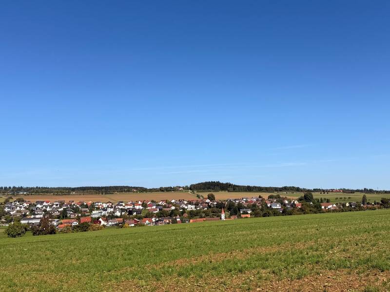 Eine ländliche Landschaft mit einem Dorf in der Ferne, umgeben von Wiesen unter einem klaren blauen Himmel.