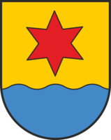 Das Bild zeigt ein Wappen mit einem Stern und einem gelben Hintergrund. Im unteren Bereich ist eine blaue Welle zu sehen.