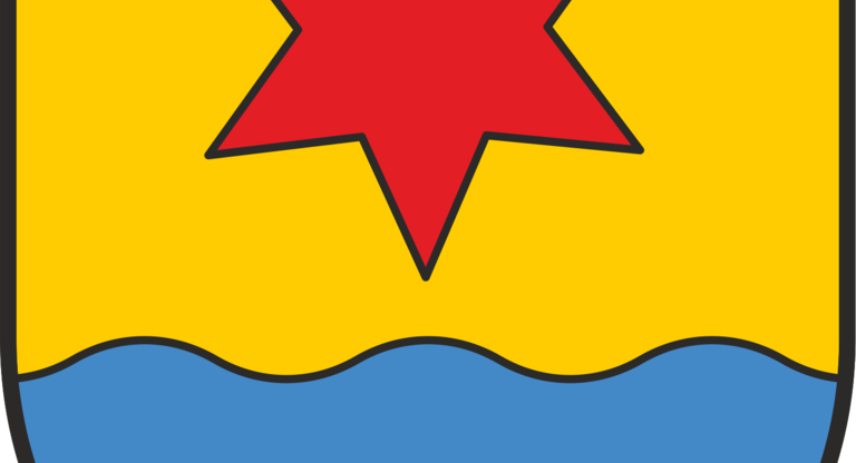 Das Bild zeigt ein Wappen mit einem Stern und einem gelben Hintergrund. Im unteren Bereich ist eine blaue Welle zu sehen.