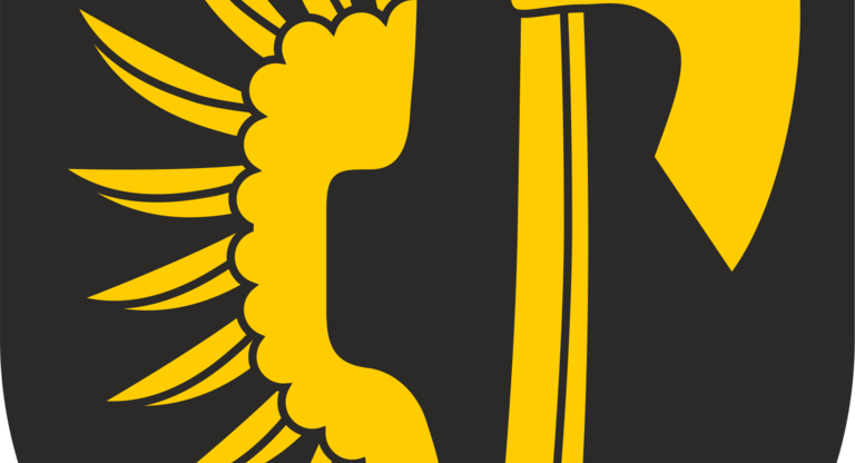 Ein schwarzes Wappen zeigt links eine gelbe halbe Sonne mit Strahlen und rechts eine gelbe Axt.