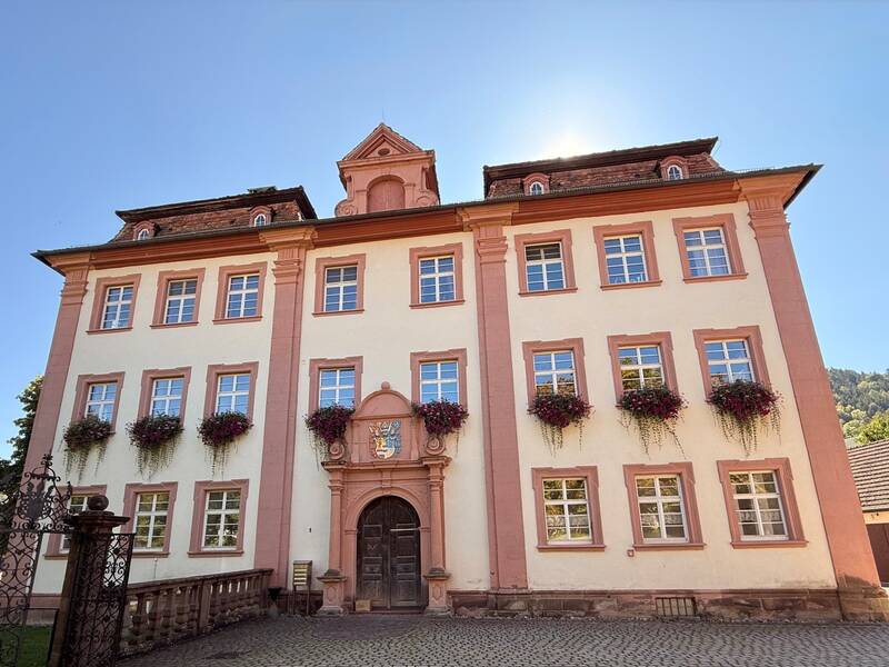 Ein historisches Gebäude mit drei Etagen, blassrosa Fensterumrandungen und Blumenkästen steht hinter einem gepflasterten Hof im Sonnenschein.