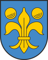 Ein blaues Wappen zeigt eine gelbe Lilie in der Mitte, flankiert von zwei gelben, konzentrischen Kreisen.