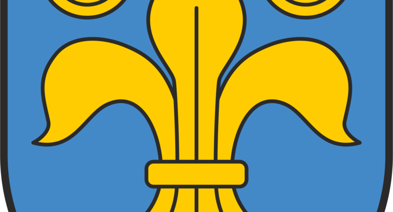 Ein blaues Wappen zeigt eine gelbe Lilie in der Mitte, flankiert von zwei gelben, konzentrischen Kreisen.