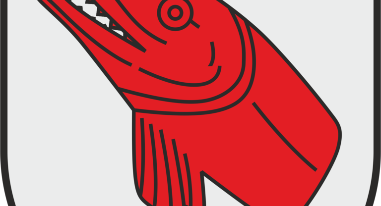 Das Bild zeigt ein Wappen mit einem roten Fischkopf auf grauem Hintergrund.