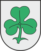 Das Bild zeigt ein Wappen mit einem grünen Kleeblatt auf grauem Hintergrund.