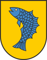 Das Bild zeigt ein Wappen mit einem blauen, nach links schwimmenden Fisch auf einem gelben Hintergrund.