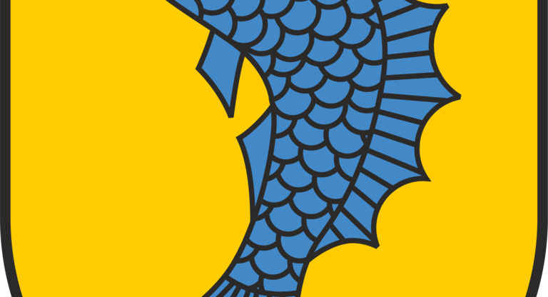 Das Bild zeigt ein Wappen mit einem blauen, nach links schwimmenden Fisch auf einem gelben Hintergrund.