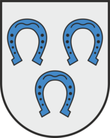 Das Bild zeigt ein Wappen mit drei blauen Hufeisen auf einem grauen Hintergrund.