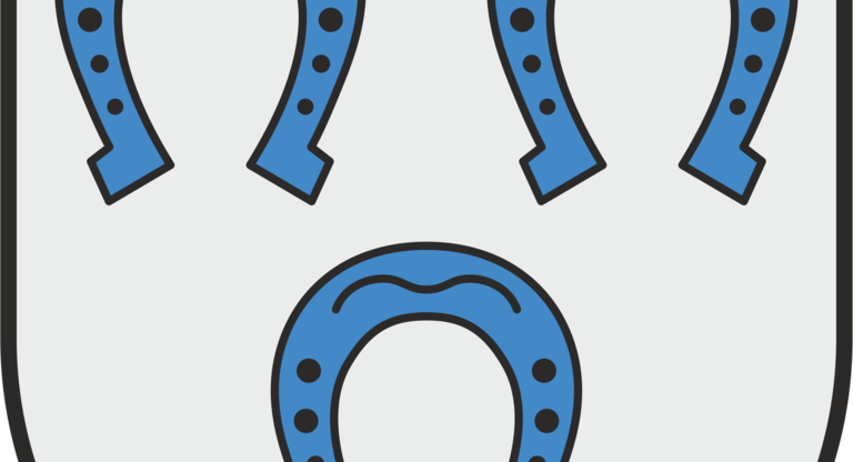 Das Bild zeigt ein Wappen mit drei blauen Hufeisen auf einem grauen Hintergrund.
