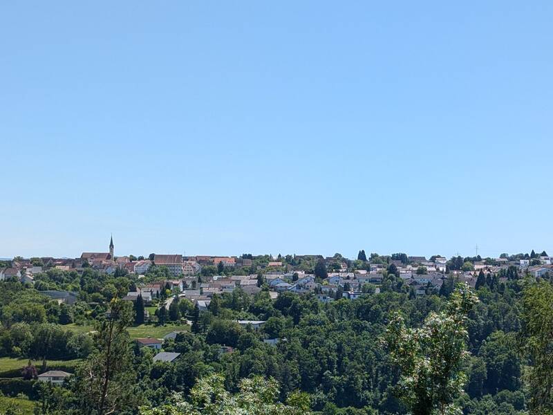 Panoramablick auf einen Ort auf einem bewaldeten Hügel unter klarem Himmel.