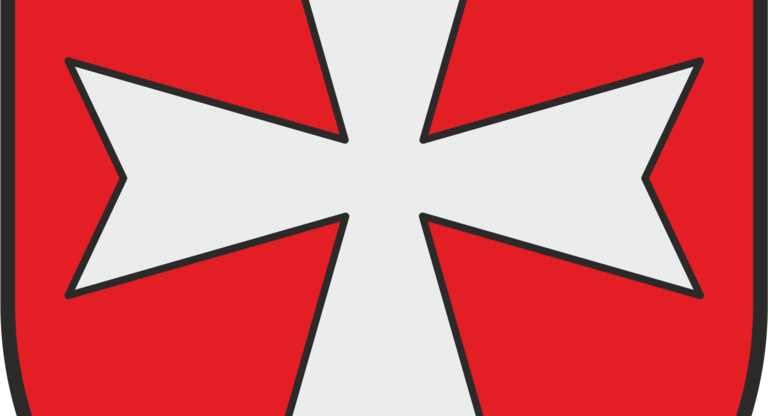 Ein rotes Wappen zeigt ein weißes, stilisiertes Kreuz.
