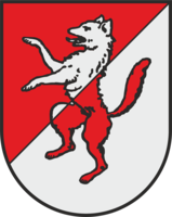 Ein Wappen zeigt einen weißen, aufrecht stehenden Wolf auf einem diagonal geteilten Hintergrund in Rot und Weiß.