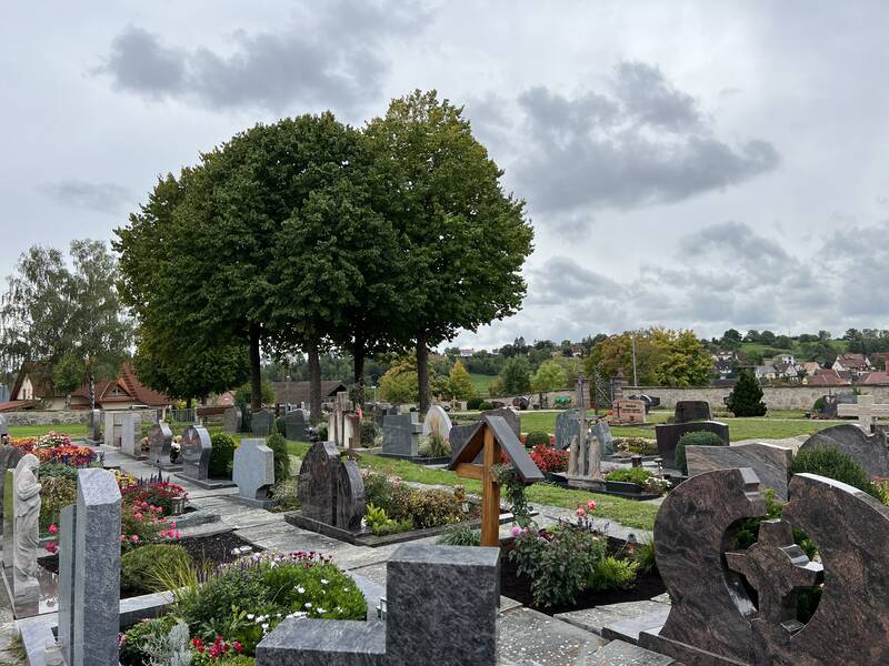 Ein Friedhof mit zahlreichen Grabsteinen und Blumenbeeten, eingebettet in eine ländliche Umgebung mit Bäumen im Hintergrund.