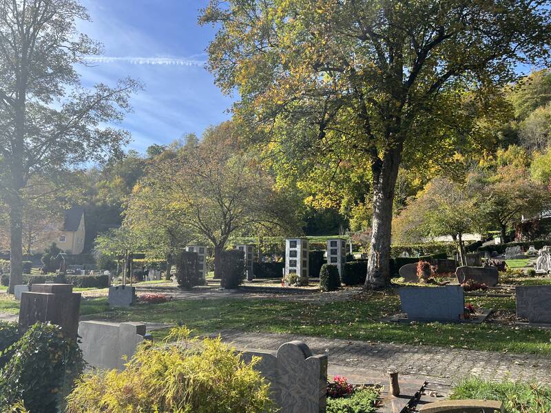 Ein Friedhof mit zahlreichen Grabsteinen und Blumenbeeten, eingebettet in eine ländliche Umgebung mit Bäumen.
