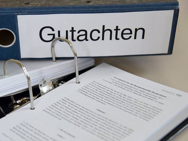 Ein geöffneter Ordner mit der Aufschrift "Gutachten" zeigt ein gedrucktes Dokument mit Text.