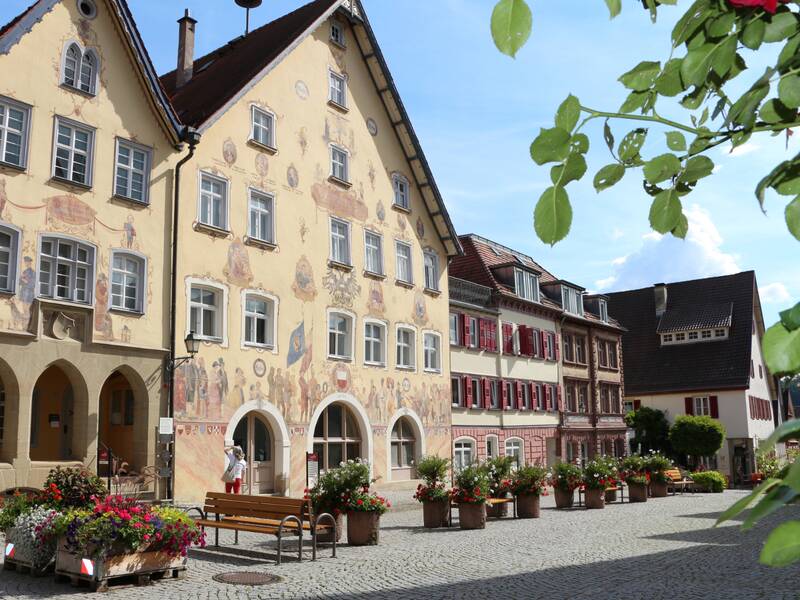 Ein malerischer Marktplatz mit historischen, bemalten Gebäuden und blühenden Blumenkästen.