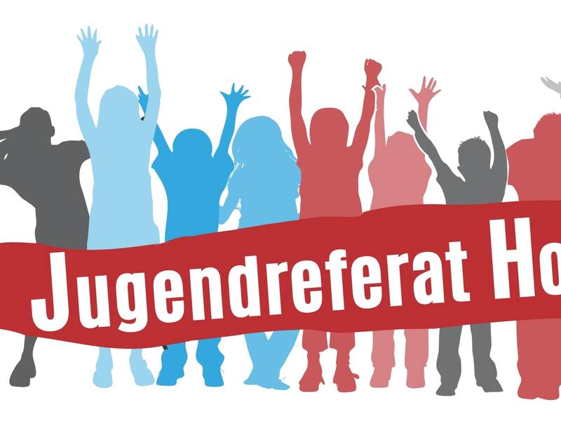 Das Bild zeigt eine Gruppe von fröhlich jubelnden Silhouetten in blau und rot, die hinter einem Banner mit der Aufschrift "Jugendreferat Horb" stehen.