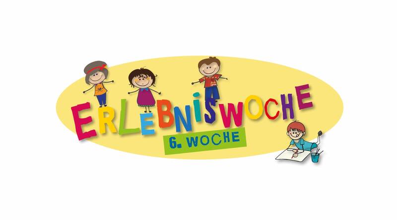 Bunte Schrift 'Erlebniswoche 6. Woche' mit vier fröhlichen Kinderzeichnungen auf gelbem Hintergrund.