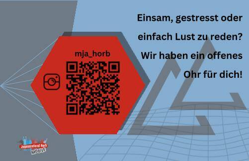 Rotes Sechseck mit QR-Code und Instagram-Symbol, daneben Text 'Einsam, gestresst oder einfach Lust zu reden? Wir haben ein offenes Ohr für dich!' auf grauem Hintergrund mit geometrischem Muster.