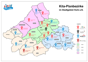 Diese Karte zeigt die Kita-Planbezirke im Stadtgebiet Horb a.N. in verschiedenen Farben mit den Standorten der Kitas.