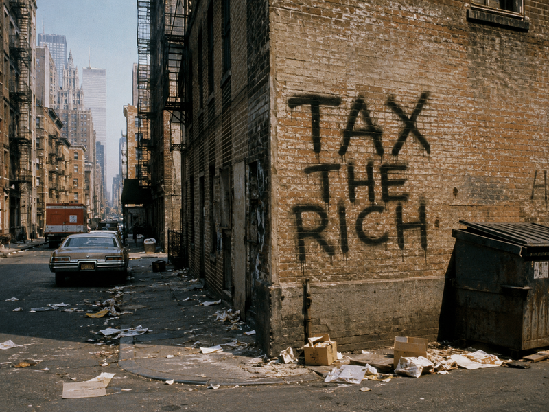 Eine mit TAX THE RICH besprühte Backsteinwand in einer schmutzigen Großstadtgasse.