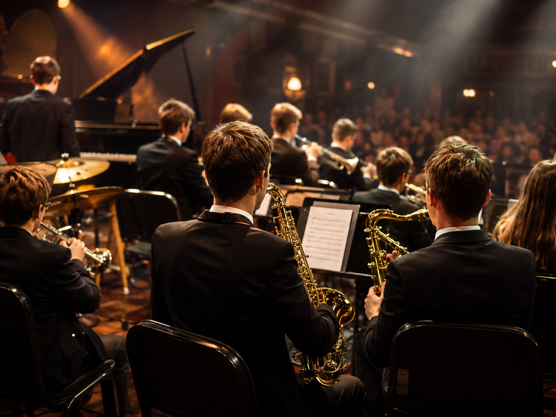 Eine Big Band spielt auf einer Bühne vor einem Publikum, mit Musikern, die verschiedene Instrumente wie Saxophone und Trompeten in einem stimmungsvoll beleuchteten Saal spielen.