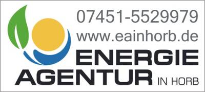 Logo der Energieagentur in Horb mit den Texten '07451-5529979', 'www.eainhorb.de' und 'ENERGIE AGENTUR IN HORB'. Enthält ein grafisches Element mit einer grünen Blattform und einem gelben Kreis.