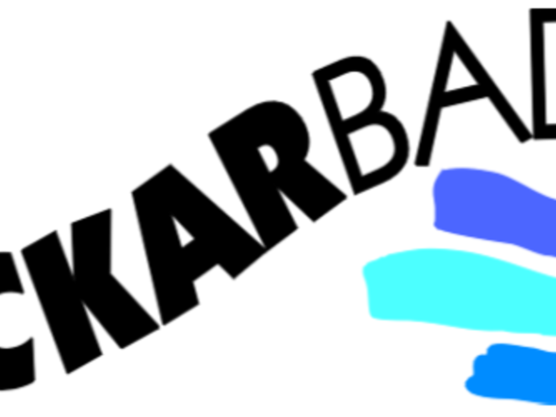 Das Bild zeigt das Wort "Neckarbad" in schwarzer Schrift, wobei "NECKAR" gebogen ist, neben drei wellenförmigen Streifen in verschiedenen Blautönen.