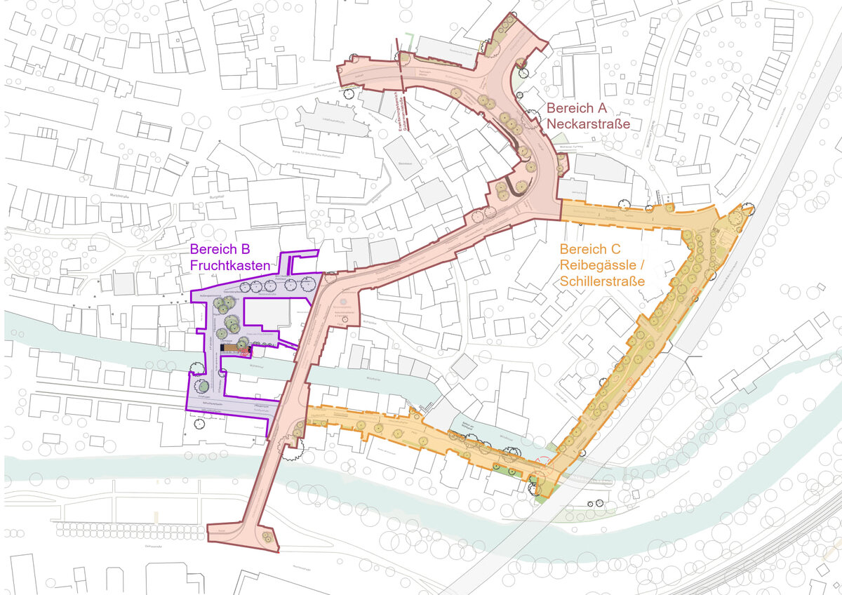 Ein Stadtplan zeigt drei farbig markierte Bereiche: A (Neckarstraße) in Rot, B (Fruchtkasten) in Lila und C (Reibegässle/Schillerstraße) in Orange.