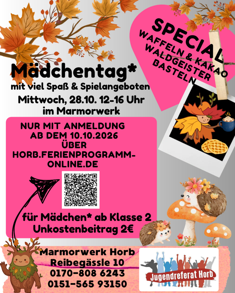 Ein bunter Flyer mit Herbstmotiven informiert über einen Mädchentag mit Spielen, Waffeln und Basteln am 28.10. von 12 bis 16 Uhr im Marmorwerk Horb.