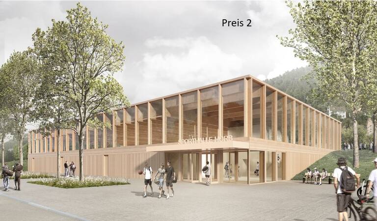 Das Bild zeigt ein modernes, zweistöckiges Gebäude aus Holz und Glas mit der Aufschrift "Sporthalle Horb", umgeben von Bäumen und Menschen, die davor spazieren oder sich unterhalten.