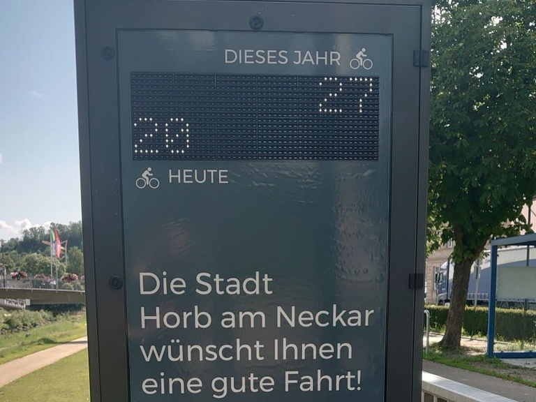 Digitale Anzeige in Horb am Neckar zeigt Fahrradfahrerzahlen für heute und dieses Jahr, mit dem Text 'Die Stadt Horb am Neckar wünscht Ihnen eine gute Fahrt!'.