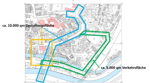 Stadtplan mit markierten Flächen: blaue Linie um ca. 10.000 qm Gestaltungsfläche, grüne Linie um ca. 5.000 qm Verkehrsfläche, gelber Bereich innerhalb der blauen Fläche.