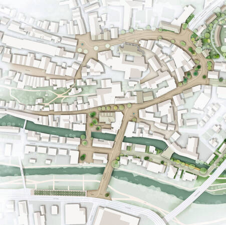 Stadtplan mit Fluss, Brücken und Straßen, zeigt Gebäude und Grünflächen in einer urbanen Umgebung.