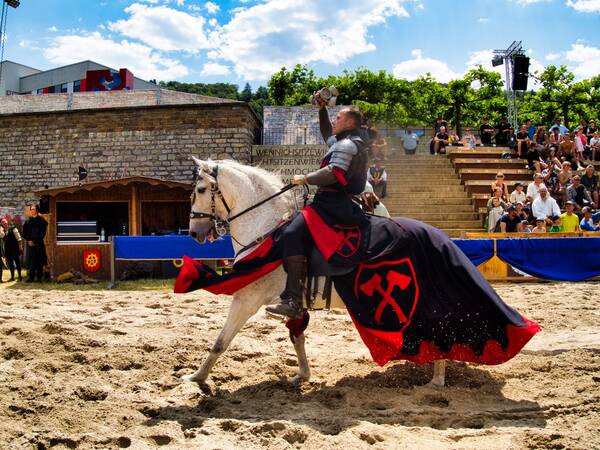 Ein Ritter in voller Rüstung reitet auf einem weißen Pferd über einen sandigen Platz, während Zuschauer auf einer Tribüne zuschauen.
