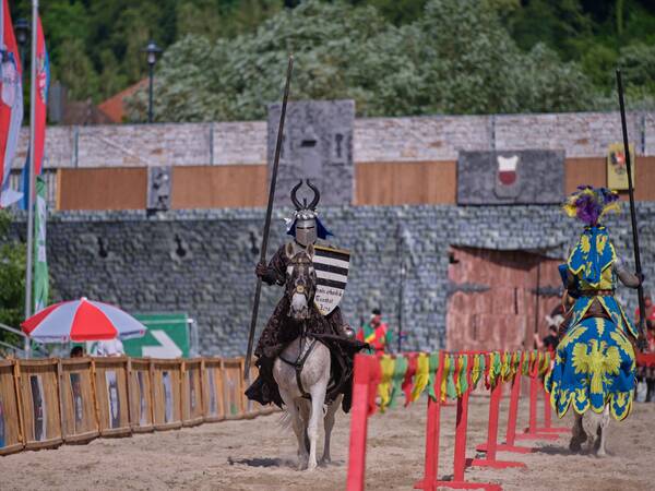 Zwei Ritter in farbenfroher Rüstung reiten auf Pferden in einer historischen Turnierkulisse.