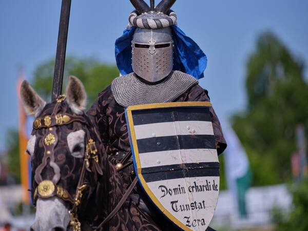 Ein Ritter in farbenfroher Rüstung reitet auf einem weißem Pferd in einer historischen Turnierkulisse.