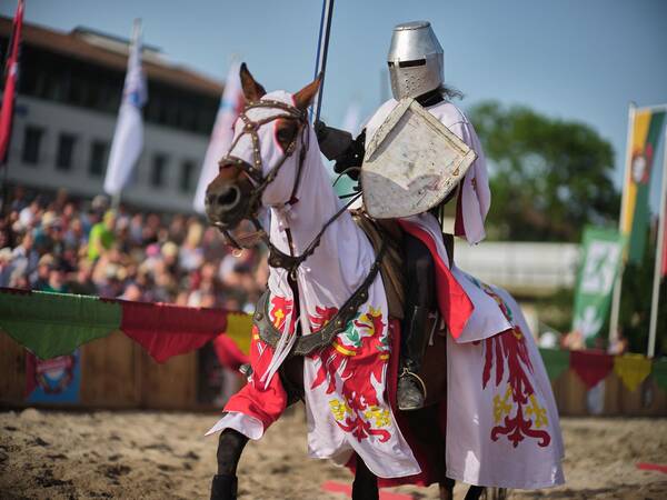 Ein Ritter in farbenfroher Rüstung reitet auf einem Pferd in einer historischen Turnierkulisse.